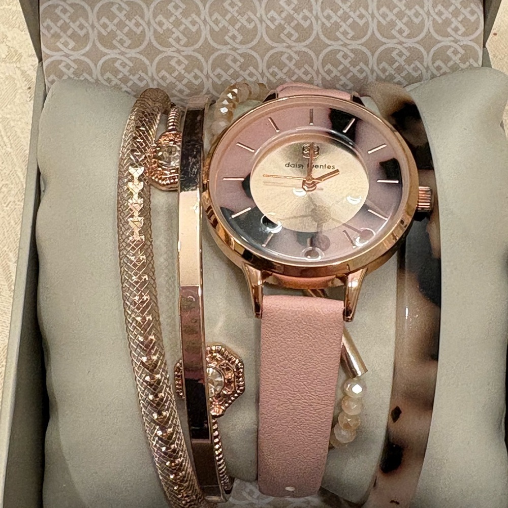 Daisy Fuentes Rose Gold Pink Leather Watch and Bracelet Set